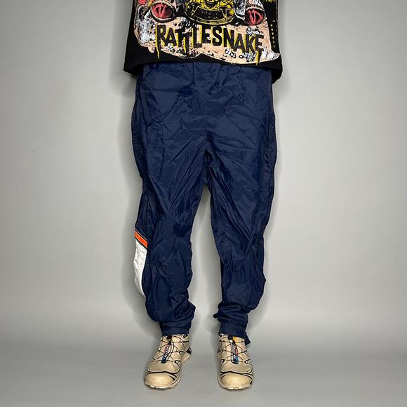 Vintage Nike Track Pants Navy Blue Nylon Sweatpants White Ankle Swoosh 90s - Picture 2 of 4